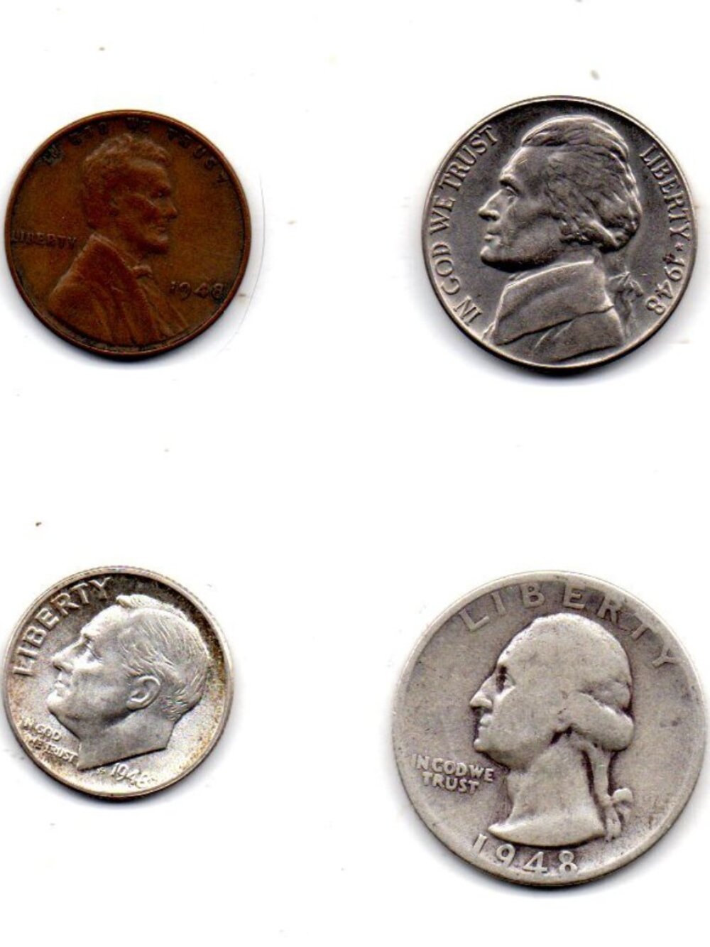 1948 US Coin Set - Lincoln Penny, Jefferson Nickel, Roosevelt Dime, Washington Q